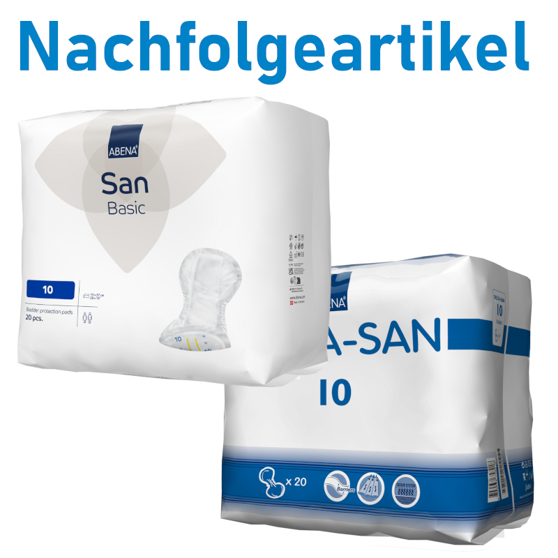 Die alte Delta-San 10 Verpackung neben der neuen Abena San Basic 10 Vepackung. Oben Links ist die Bildüberschrift "Nachfolgeprodukt"